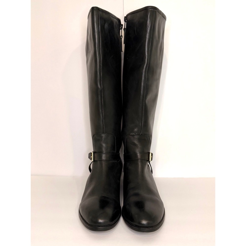 Lauren Ralph Lauren Riding Boots Women 10B Black Leather Knee High Gold Buckle